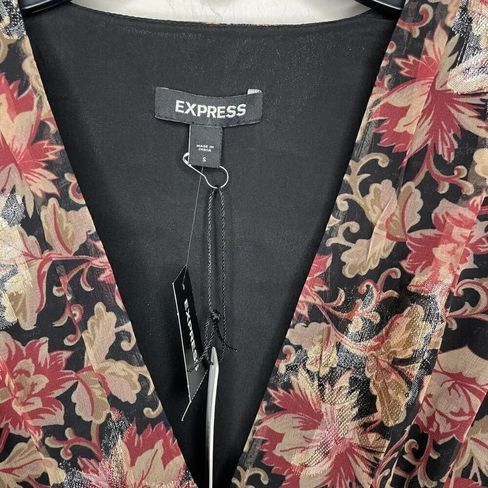 EXPRESS Top Womens Small S Metallic Gold Red Floral Peplum Blouse NEW Faux Wrap - Picture 8 of 10